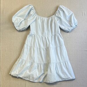 Women's Sim & Sam Light Blue Cotton Puff Sleeve Tiered Mini Dress Size L